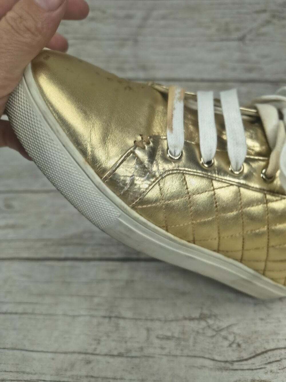 Kurt Geiger Metallic Gold Quilted Embellished Sneakers Size 38 - Picture 13 of 14